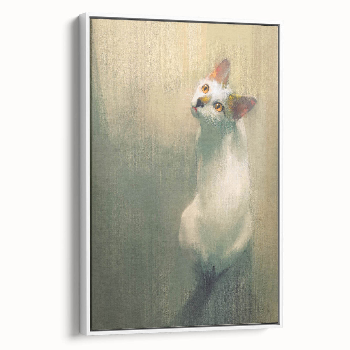 Framed wall art featuring a whimsical cat design from the "Animals A Wild Life" collection, displayed in a sleek white frame, perfect for adding charm to any room decor.