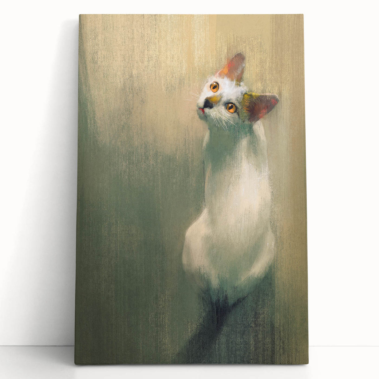 Stretched canvas wall art featuring a whimsical cat design in vibrant colors, leaning against a wall, perfect for animal lovers and home decor enthusiasts.