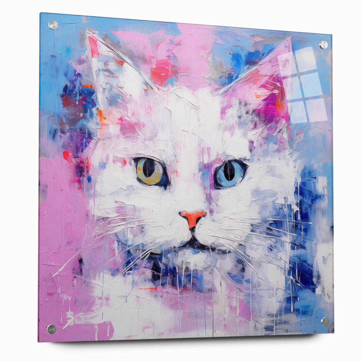 Side view of a vibrant acrylic glass wall art piece featuring a stylish cat design, showcasing intricate details and vibrant colors, ideal for animal lovers' decor.