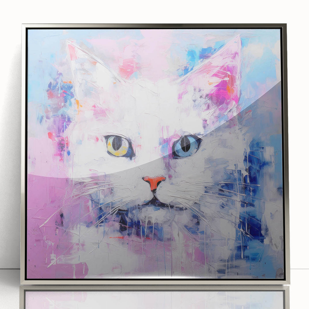 Framed wall art featuring a striking cat design from the "Animals A Wild Life" collection, showcasing intricate details on a silver background, ideal for animal lovers.