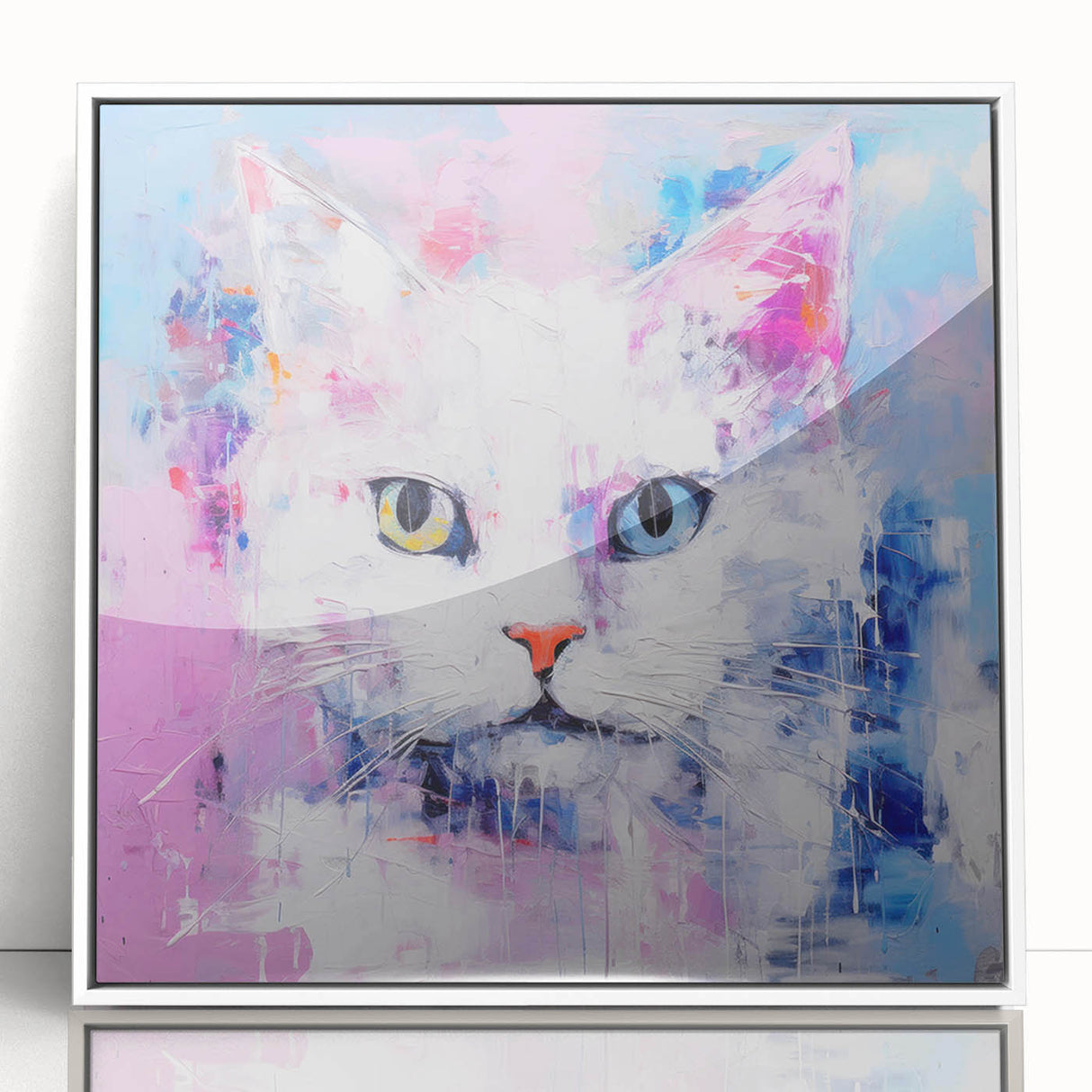 Framed acrylic wall art featuring a whimsical cat design, set against a sleek white background, ideal for adding a playful touch to home decor. Perfect for animal lovers.