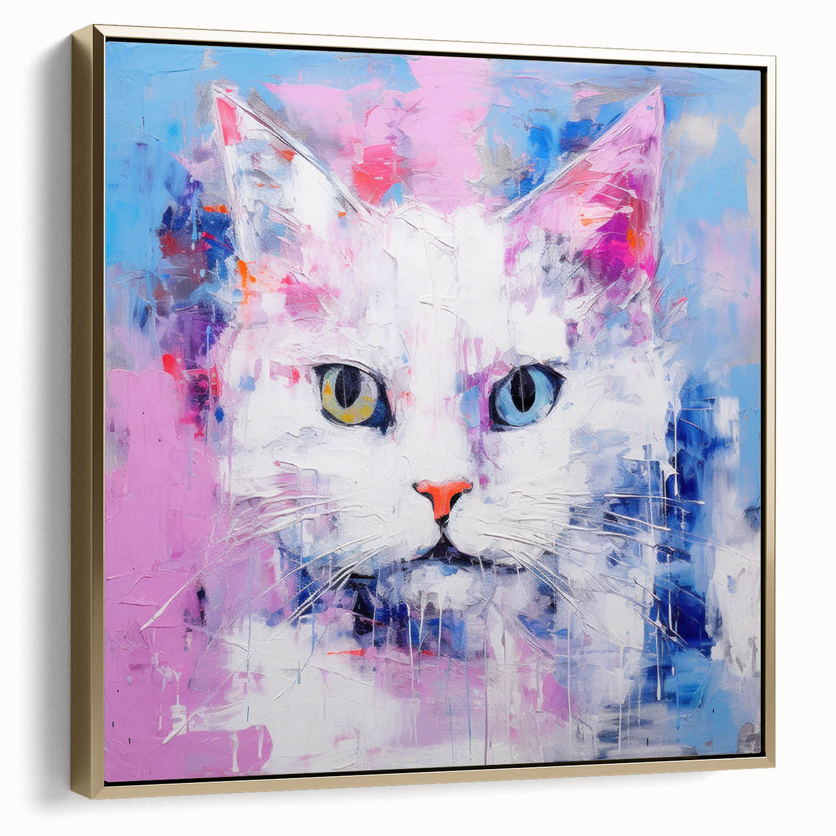 Framed canvas wall art showcasing a stylized cat design from the 'Animals A Wild Life' collection, featuring a gold frame and side view presentation, perfect for adding a touch of elegance to any room.