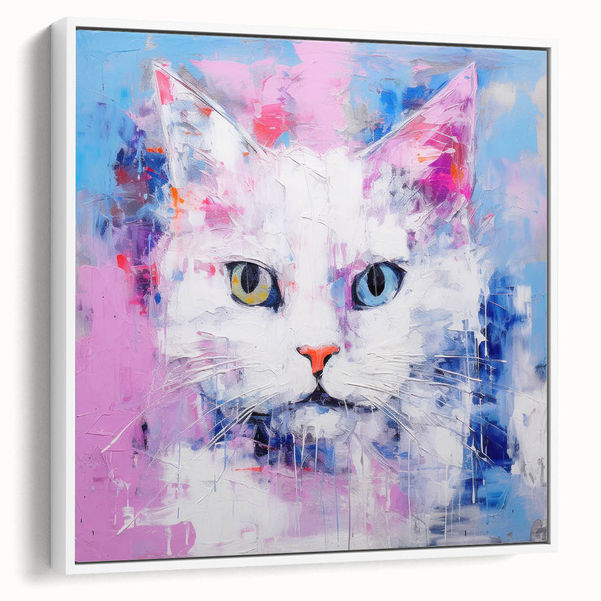 Framed canvas wall art showcasing a whimsical cat design in a vibrant, colorful style, perfect for animal lovers. The artwork includes a white frame, enhancing its modern appeal.