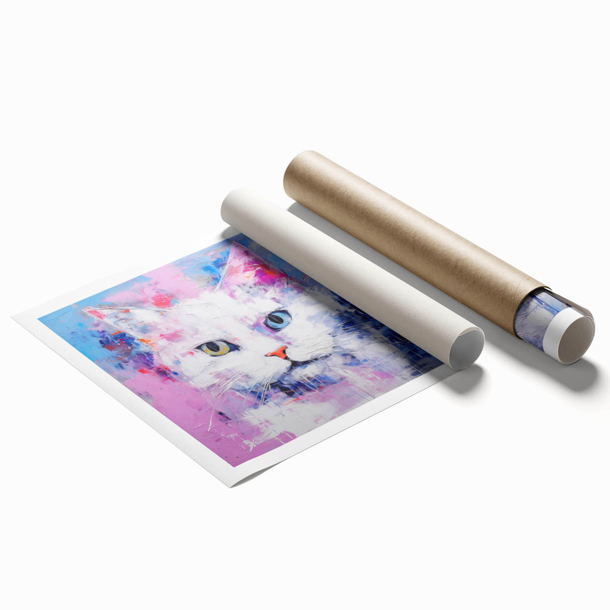 Colorful wall art print showcasing a whimsical cat design, featuring playful patterns and vibrant hues, rolled and ready for framing, ideal for animal lovers' decor.