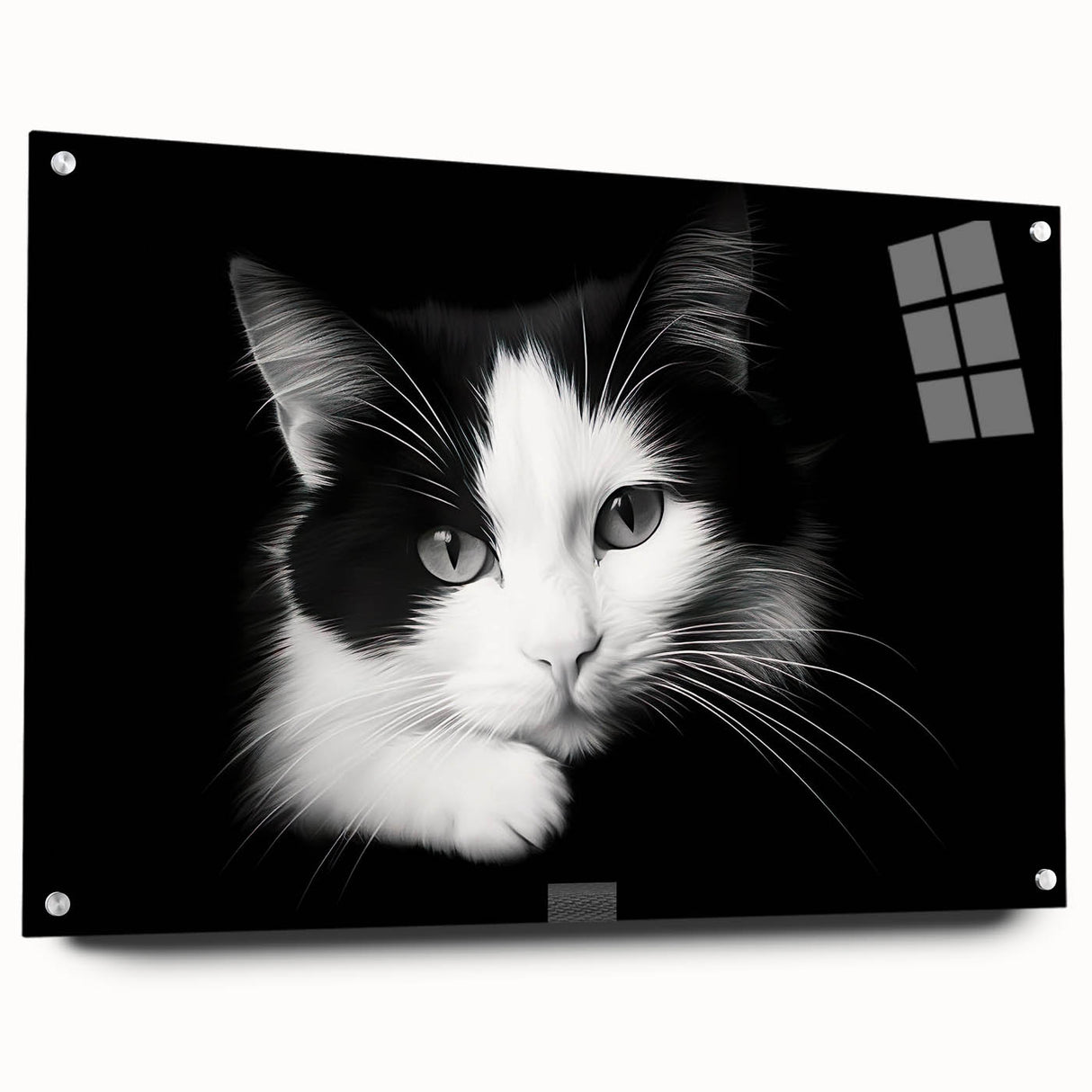 Acrylic glass wall art featuring a playful cat design from the Wild Life collection, displayed in a side view with decorative pins, perfect for animal lovers' decor.