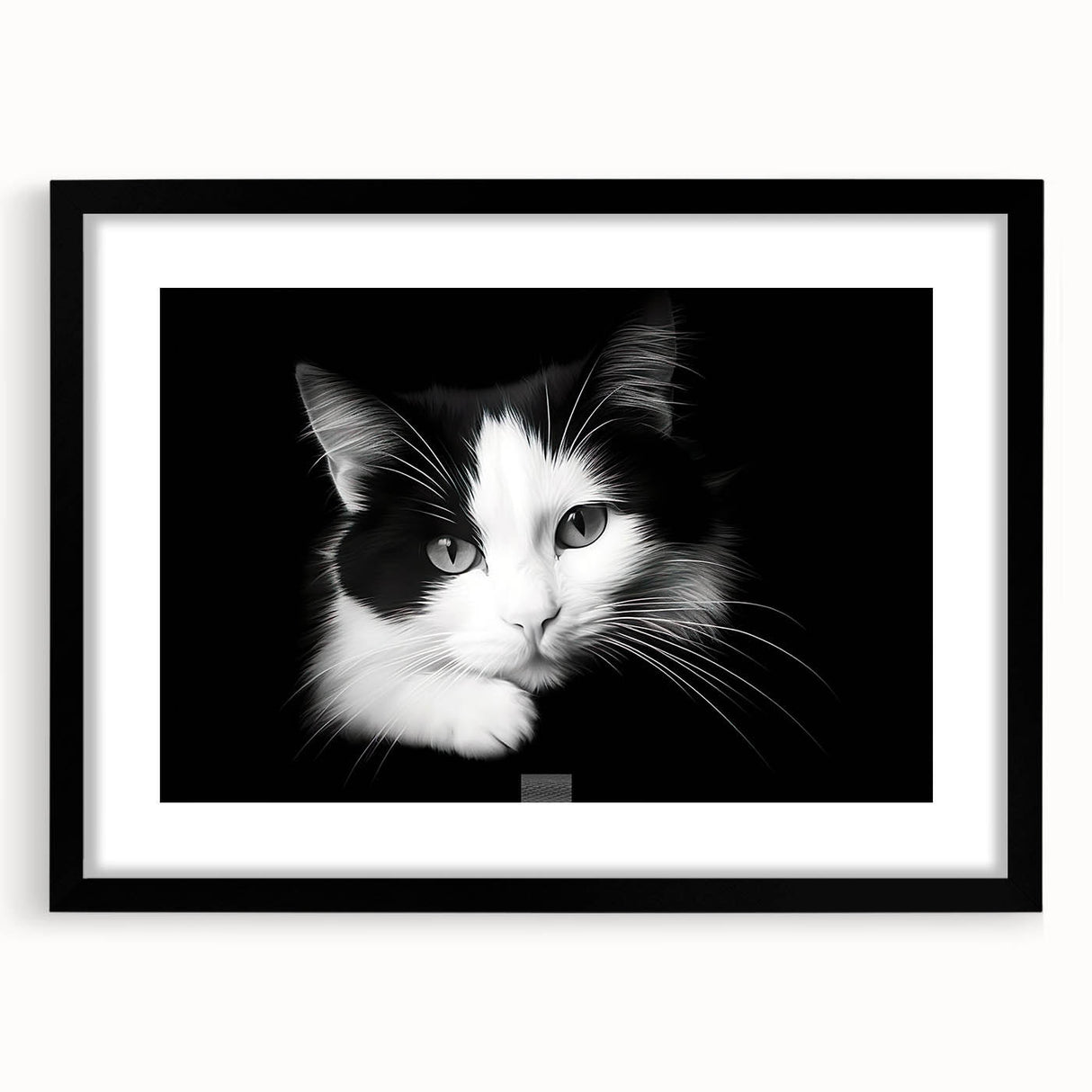 Framed wall art featuring a striking cat design from the "Animals A Wild Life" collection, presented with a sleek black frame and mat, ideal for enhancing modern decor.