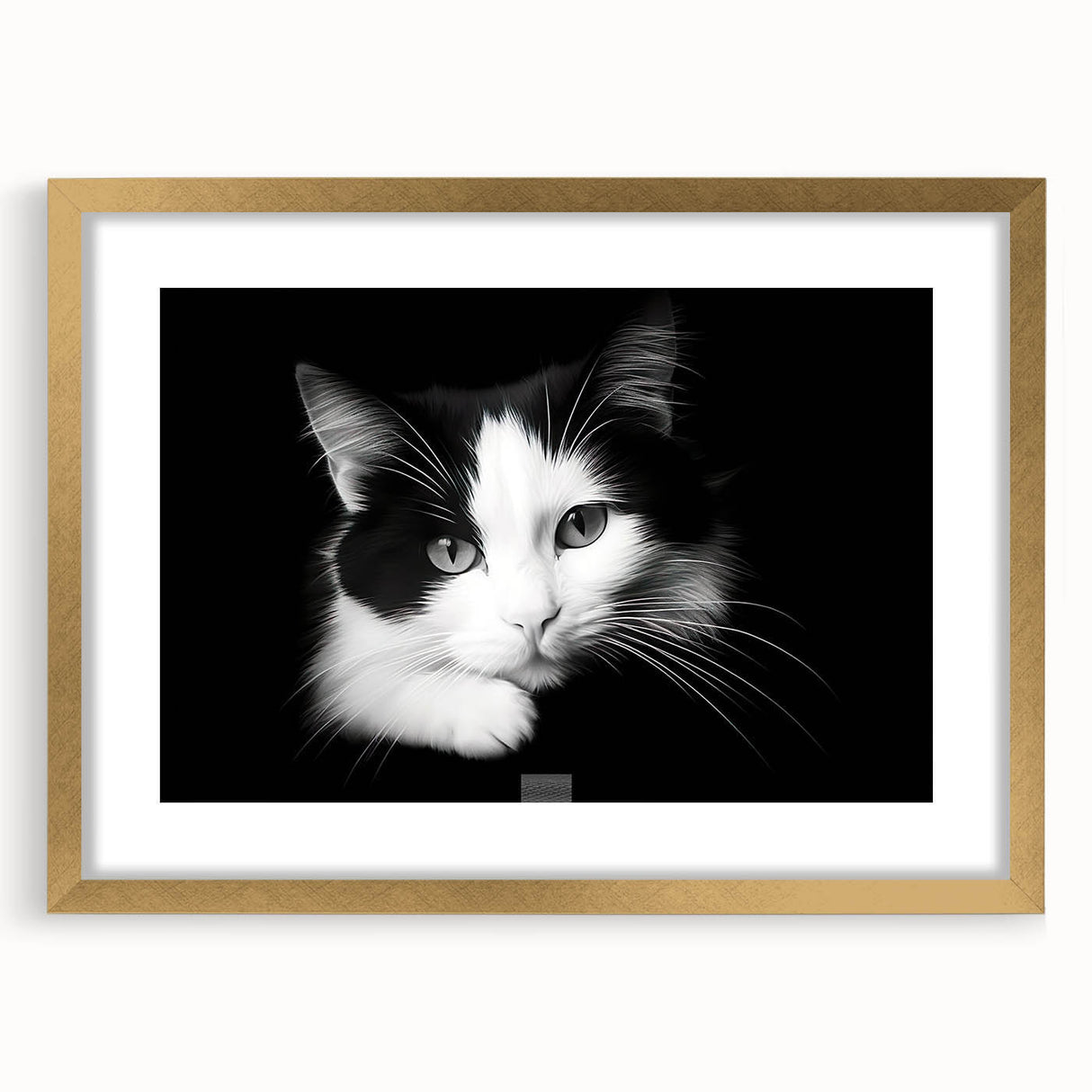 Framed wall art featuring a whimsical design of a cat surrounded by lush greenery, with a gold frame and matting, perfect for adding a playful touch to home decor.