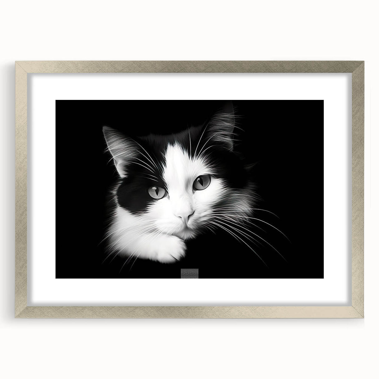 Framed wall art collection featuring a sleek silver frame and mat, showcasing a vibrant wildlife cat design, perfect for nature lovers’ home decor.