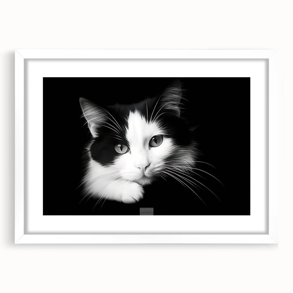 Framed wall art featuring a whimsical cat design in a white mat, perfect for animal lovers and home decor. Ideal for adding a playful touch to any room.