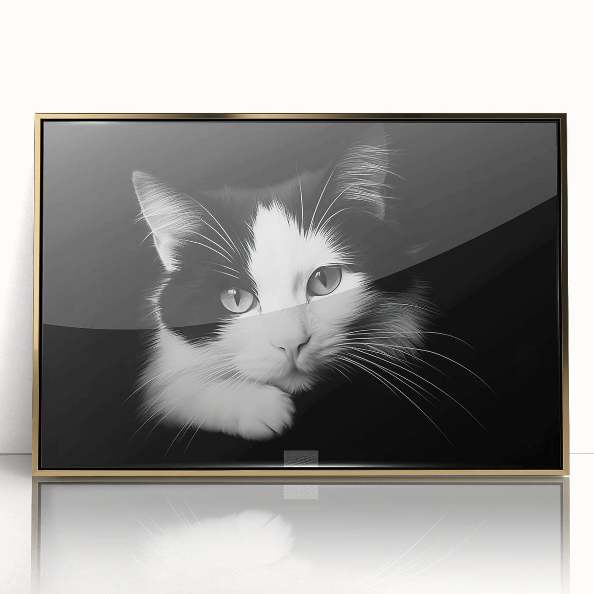 Framed acrylic wall art featuring a whimsical cat design in gold tones, showcasing a contemporary aesthetic perfect for animal lovers and modern home decor.