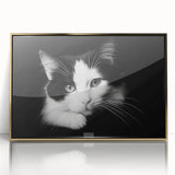 Framed acrylic wall art featuring a whimsical cat design in gold tones, showcasing a contemporary aesthetic perfect for animal lovers and modern home decor.