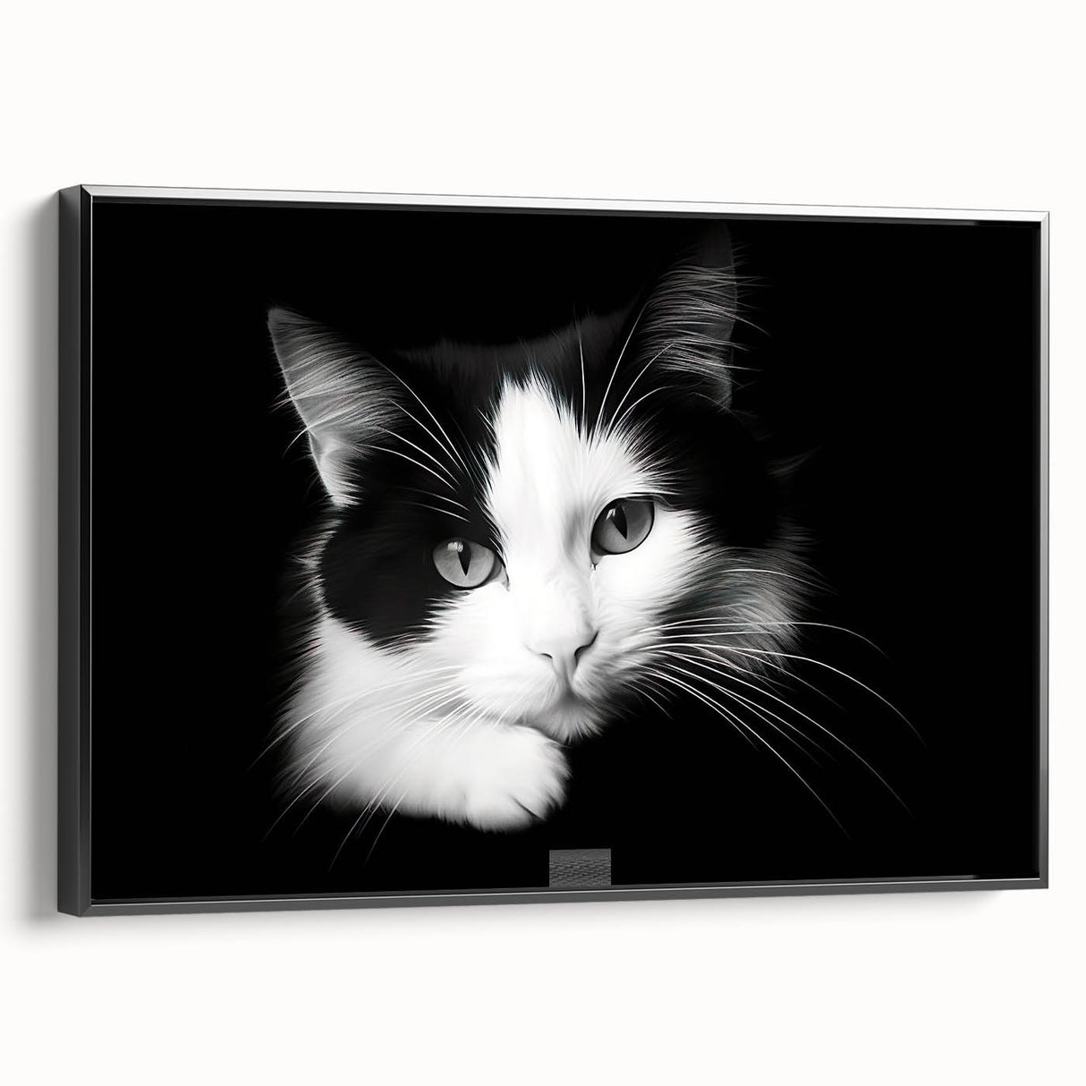Framed wall art featuring a wild cat design on canvas, showcasing vibrant colors and intricate details, set against a sleek black frame for a modern touch.