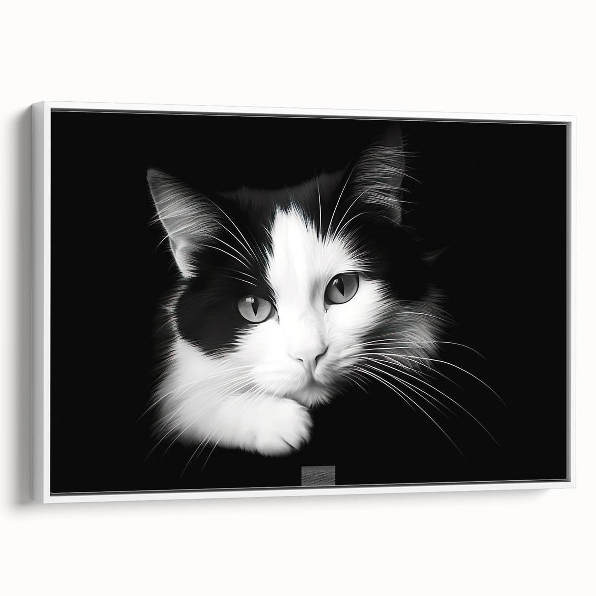 Framed wall art showcasing a whimsical cat design in a vibrant color palette, featuring a sleek white frame, ideal for animal lovers and home decor enthusiasts.