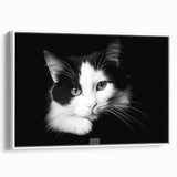 Framed wall art showcasing a whimsical cat design in a vibrant color palette, featuring a sleek white frame, ideal for animal lovers and home decor enthusiasts.