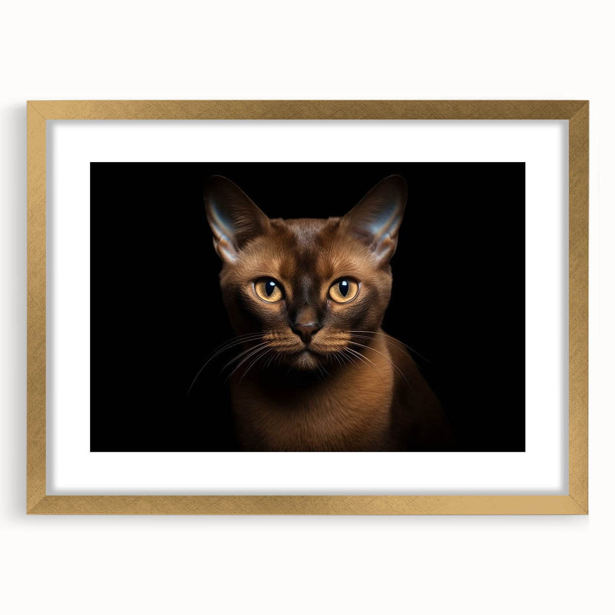 Framed wall art featuring a wild cat design in a gold frame, showcasing vibrant colors and intricate details, ideal for animal lovers and home decor enthusiasts.