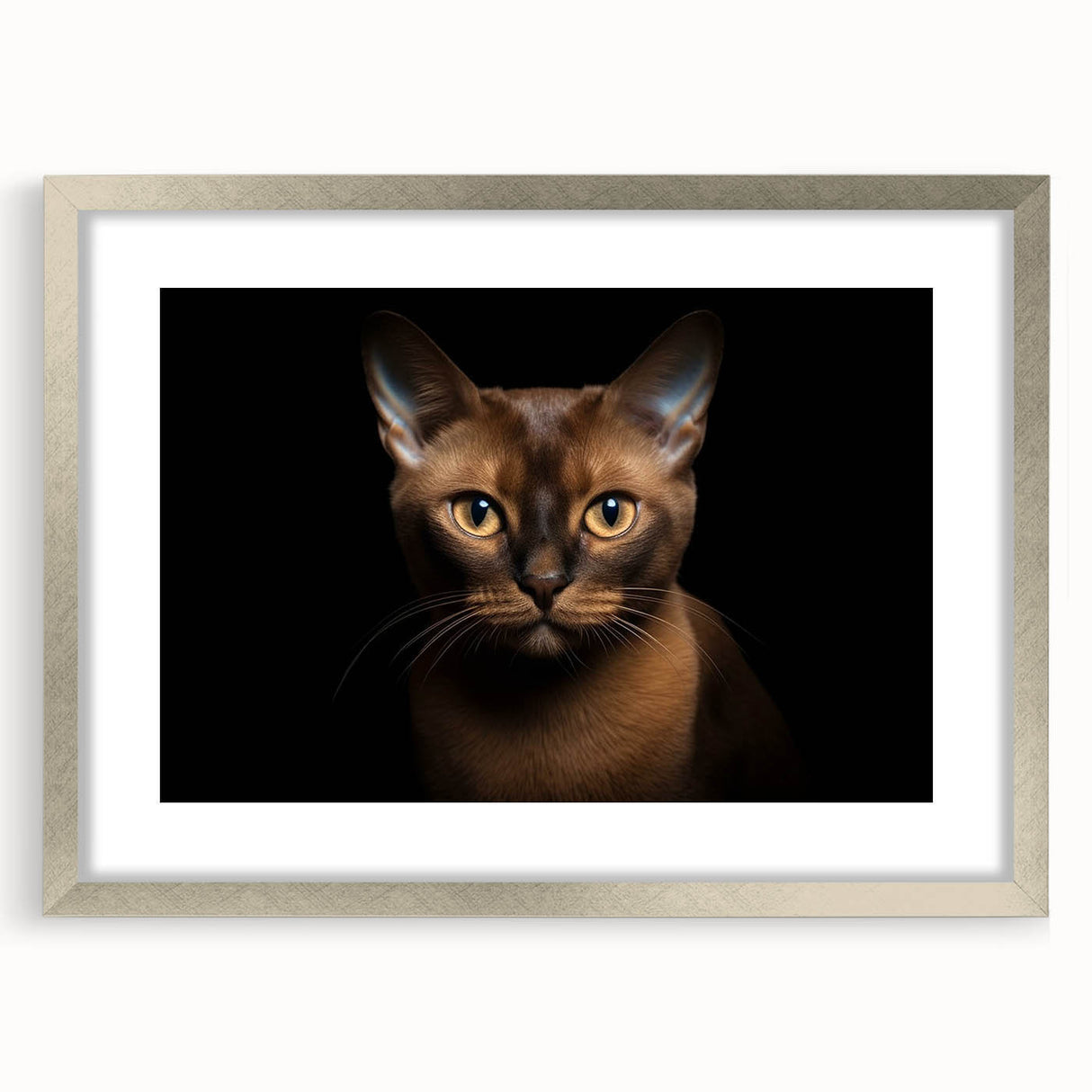 Silver-framed wall art featuring a whimsical cat design from the "Animals - A Wild Life" collection, showcasing vibrant colors and intricate details, perfect for animal lovers.
