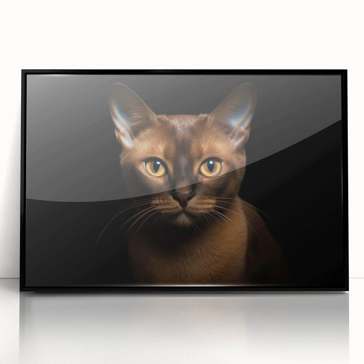 Framed acrylic wall art featuring a vibrant cat design, set against a sleek black background, perfect for adding a modern touch to any living space.