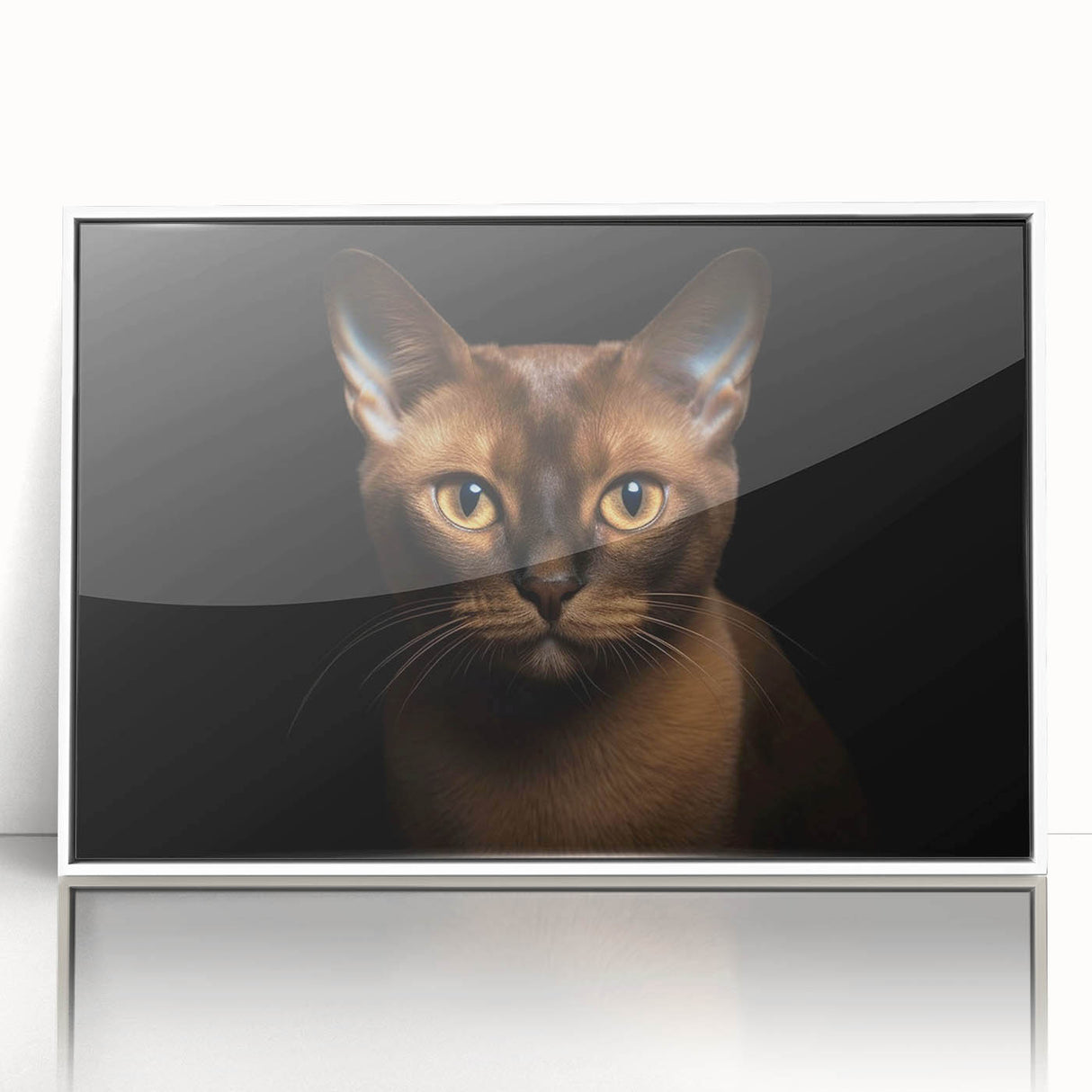 Framed acrylic wall art featuring a whimsical cat design in vibrant colors, showcasing playful patterns and textures against a white background, ideal for animal lovers.