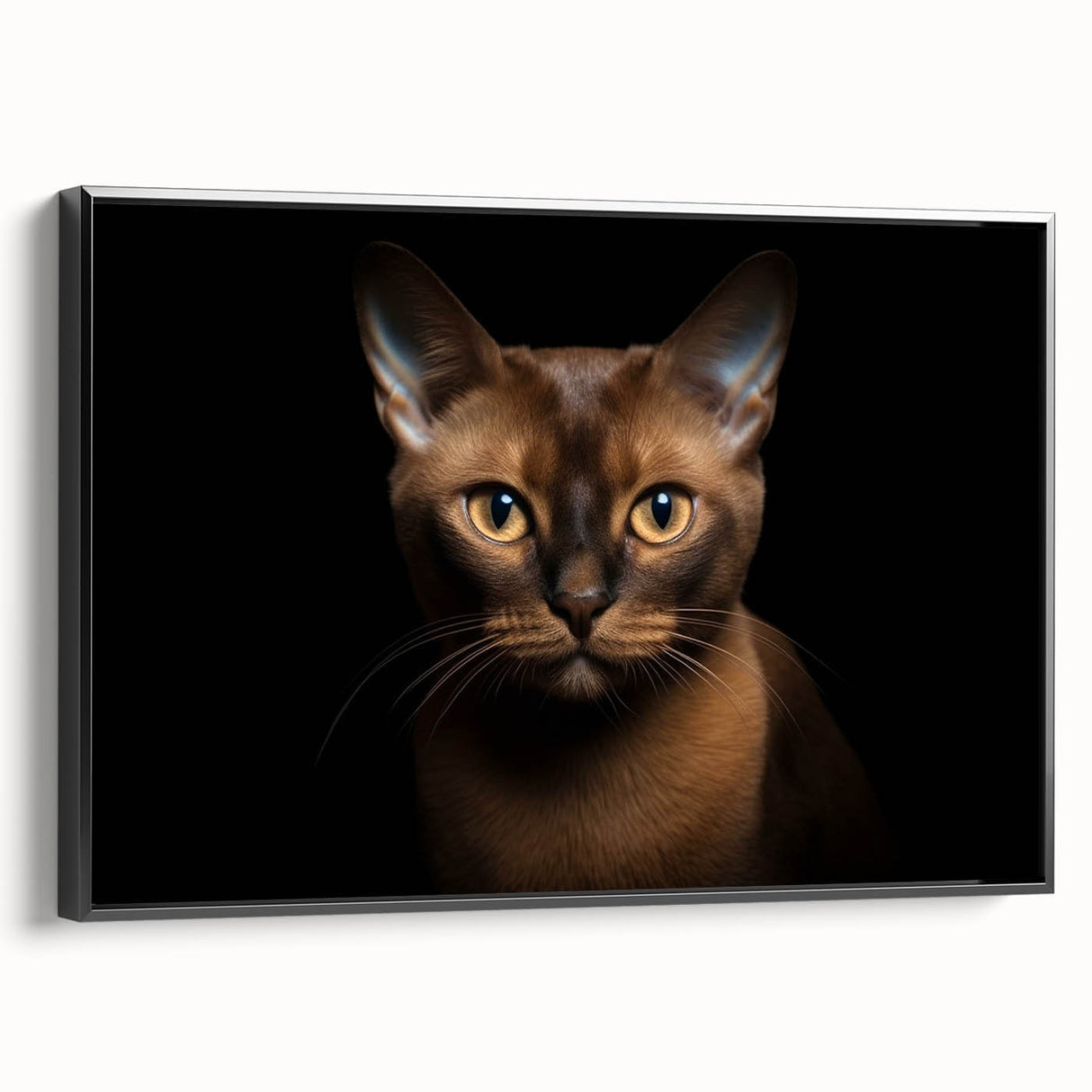 Framed canvas wall art featuring a whimsical cat design with vibrant colors, showcased in a sleek black frame, perfect for adding a playful touch to home decor.