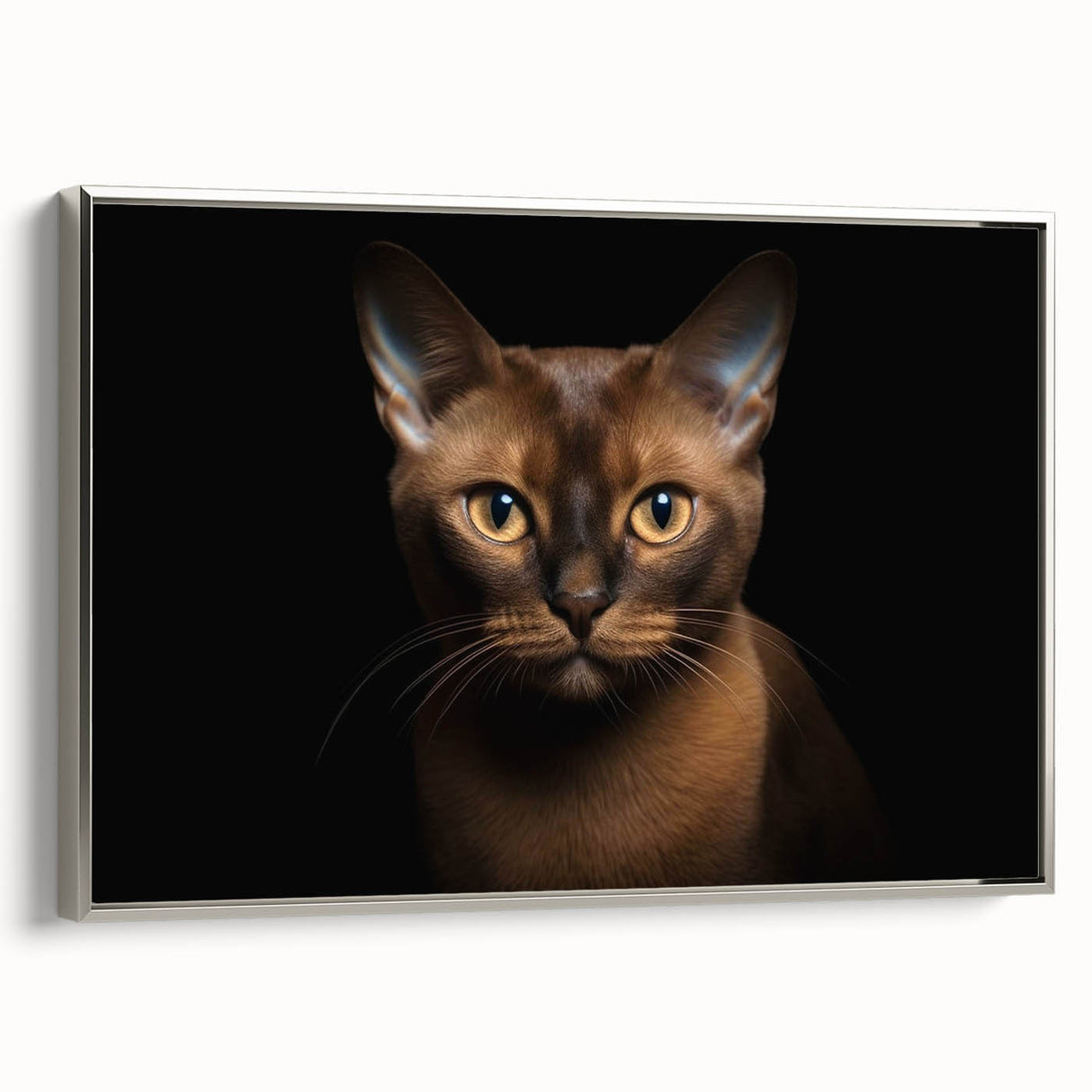 Framed canvas wall art featuring a sleek silver border, showcasing a whimsical cat design amidst a vibrant wildlife theme, perfect for animal lovers' decor.