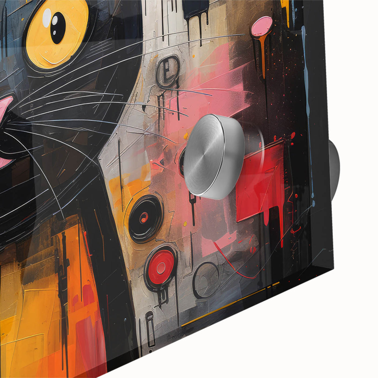 Close-up of a vibrant acrylic glass wall art piece featuring a detailed wild cat design, perfect for animal lovers, showcasing rich colors and intricate textures.
