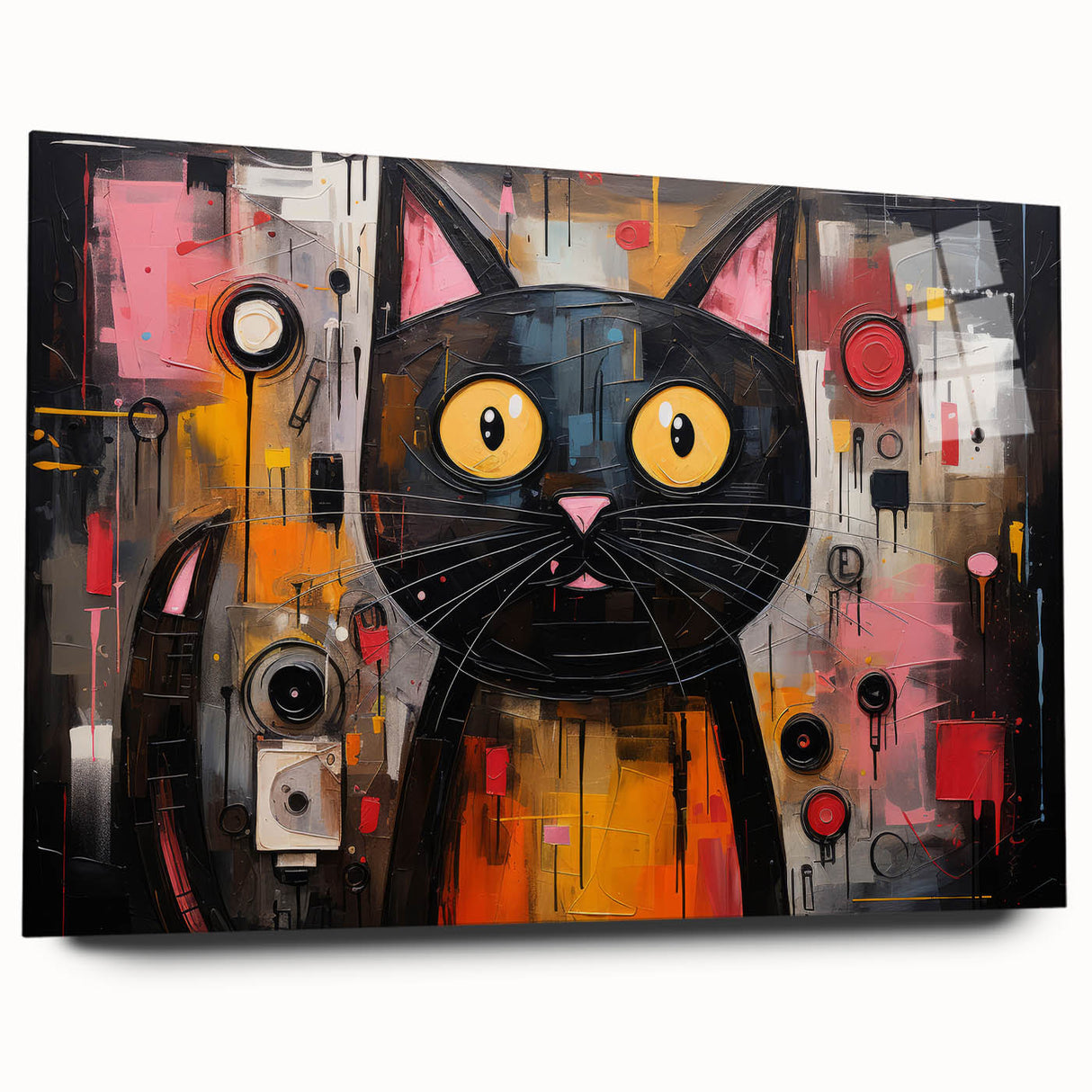 Side view of an acrylic wall art piece featuring a whimsical cat design, showcasing vibrant colors and intricate details, perfect for animal lovers and home decor.
