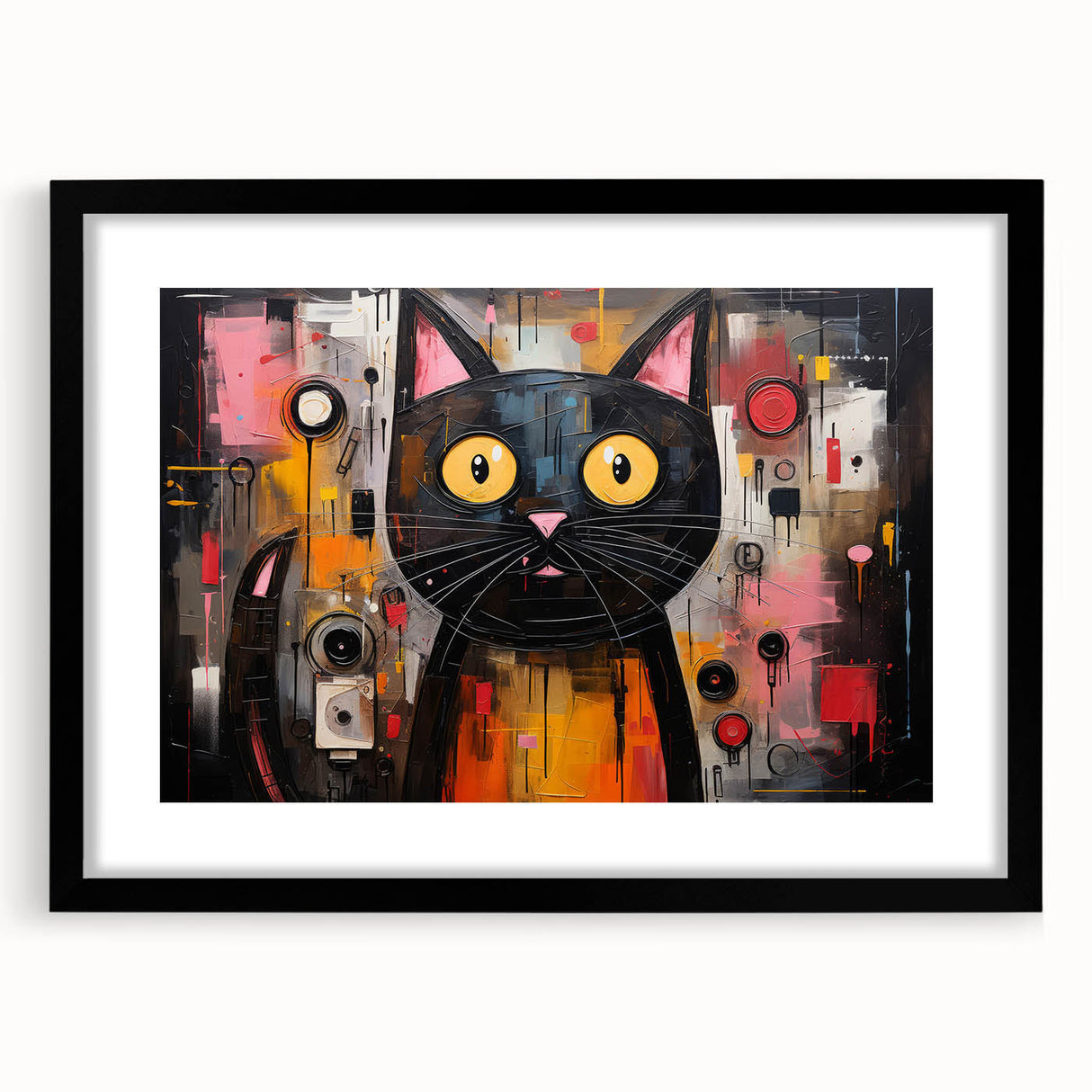 Framed wall art featuring a whimsical cat design from the "Animals: A Wild Life" collection, displayed in a sleek black frame with a mat, perfect for home decor.