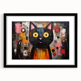 Framed wall art featuring a whimsical cat design from the "Animals: A Wild Life" collection, displayed in a sleek black frame with a mat, perfect for home decor.