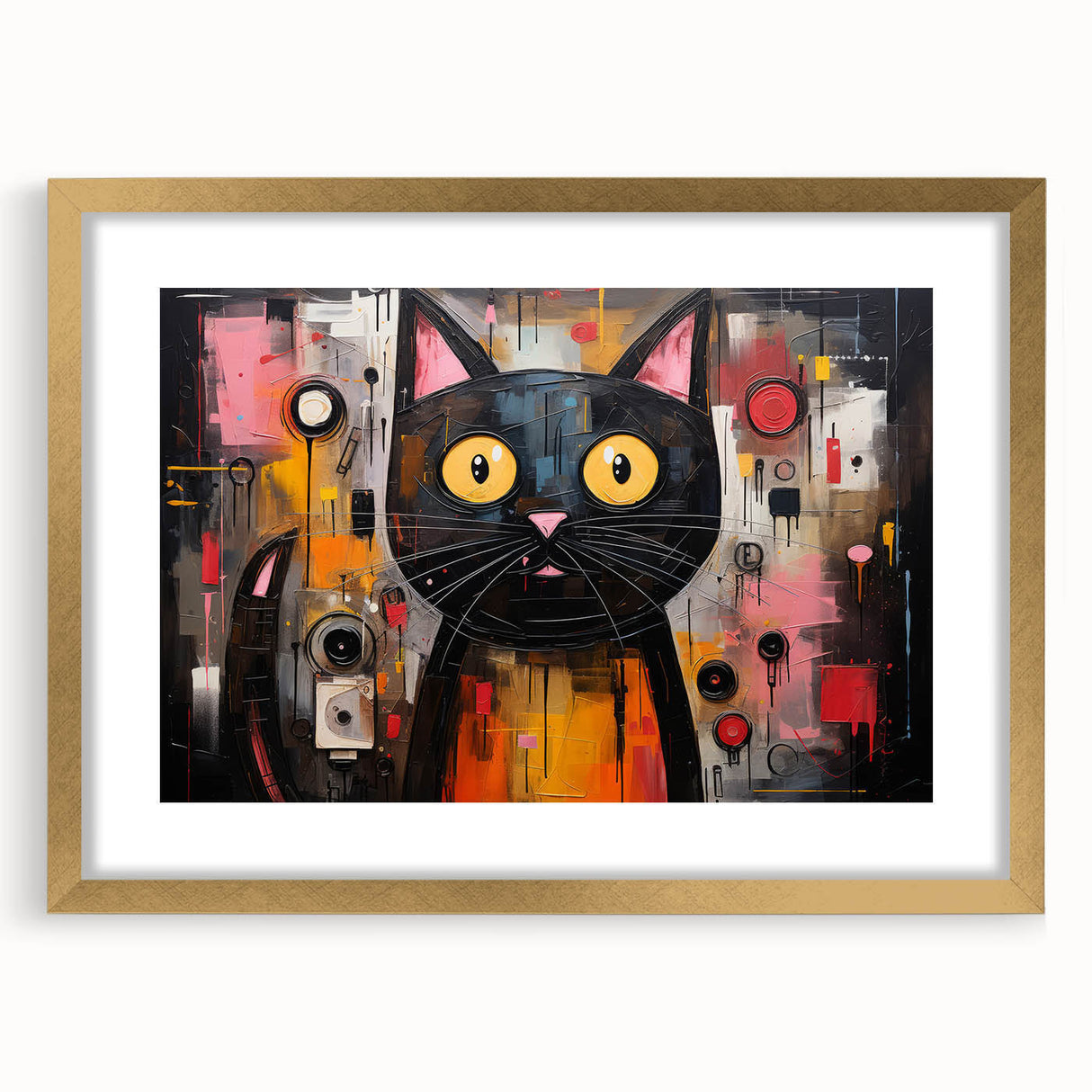 Framed wall art featuring a whimsical cat design in a gold frame with a mat, ideal for animal lovers and home decor enthusiasts. Perfect for enhancing any interior space.