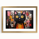 Framed wall art featuring a whimsical cat design in a gold frame with a mat, ideal for animal lovers and home decor enthusiasts. Perfect for enhancing any interior space.