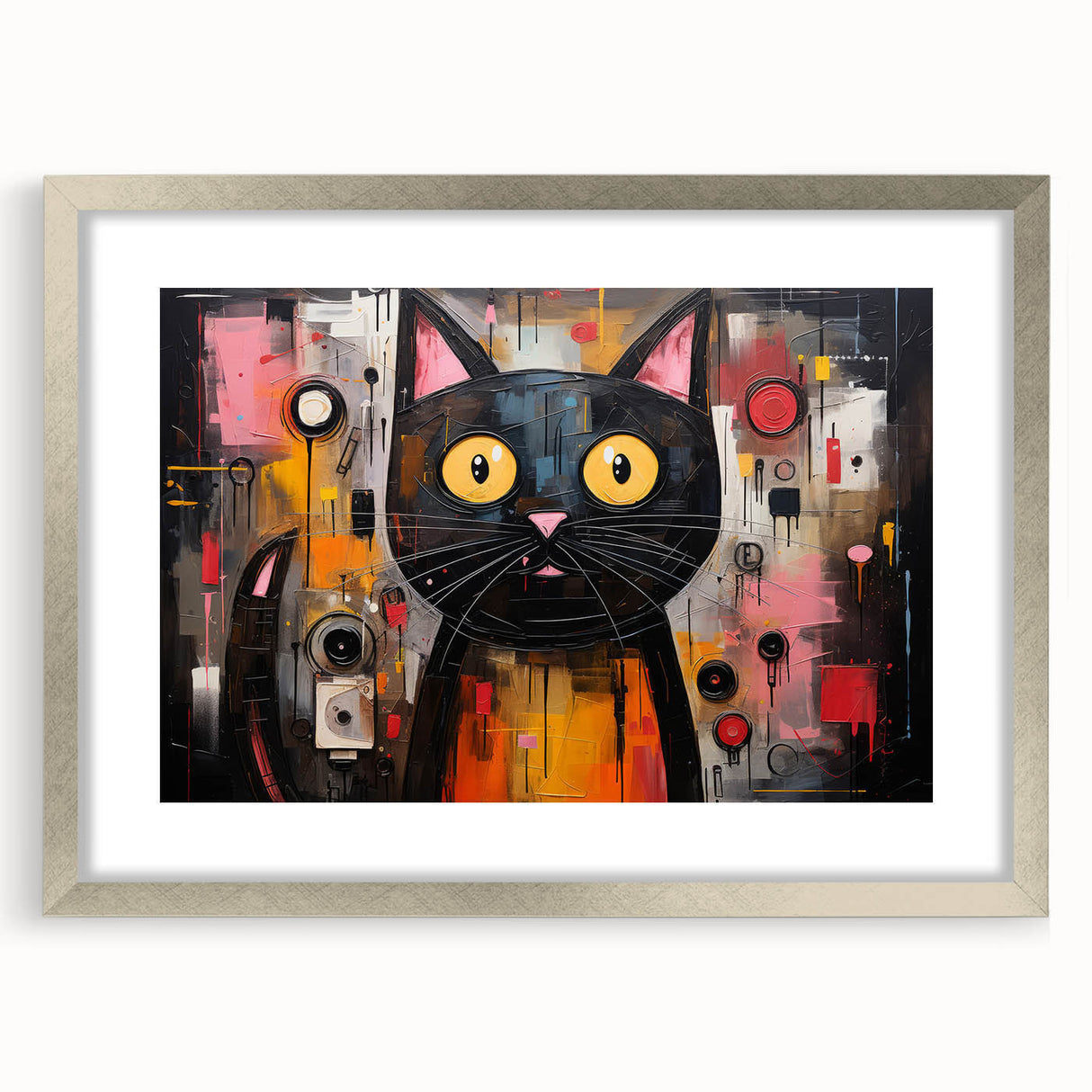 Framed wall art featuring a whimsical cat design in a silver frame, complete with a mat, showcasing vibrant colors and playful illustrations, perfect for animal lovers.