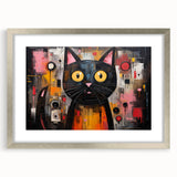 Framed wall art featuring a whimsical cat design in a silver frame, complete with a mat, showcasing vibrant colors and playful illustrations, perfect for animal lovers.