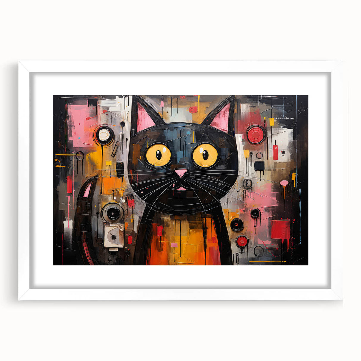 Framed wall art featuring a whimsical cat design, showcasing vibrant colors and playful details, perfect for animal lovers. White mat and frame enhance the artwork's appeal.