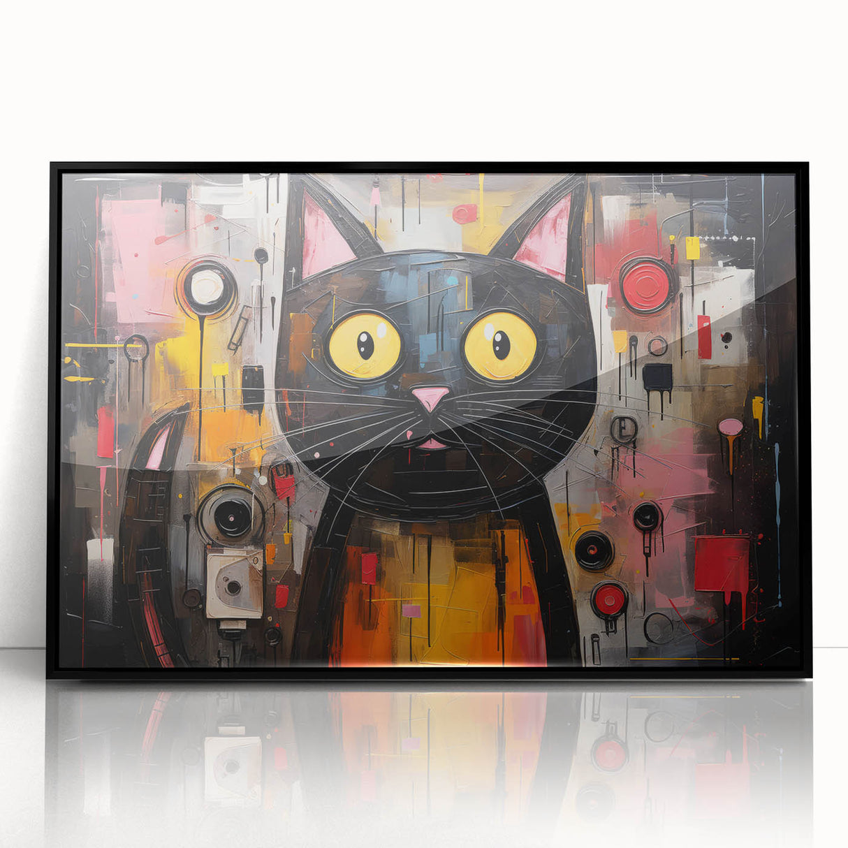 Framed wall art featuring a sleek black cat design on a white background, showcasing modern minimalist style perfect for animal lovers, ideal for home decor.