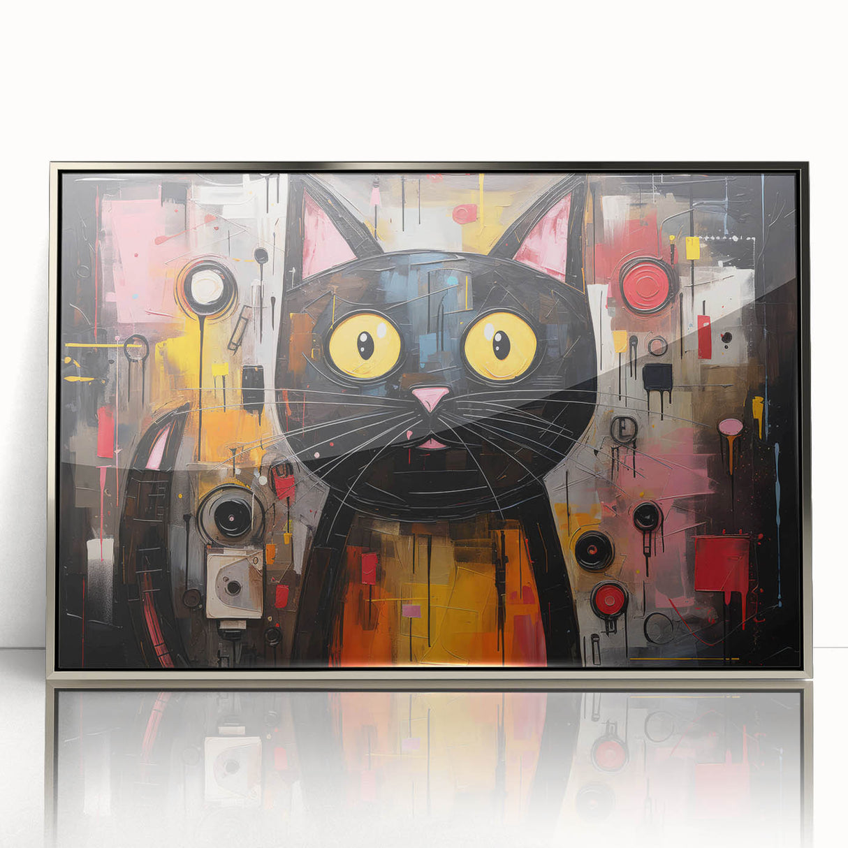 Framed wall art featuring a sleek, silver-acrylic design of a wild cat, showcasing vibrant colors and intricate details, perfect for animal lovers and modern decor.