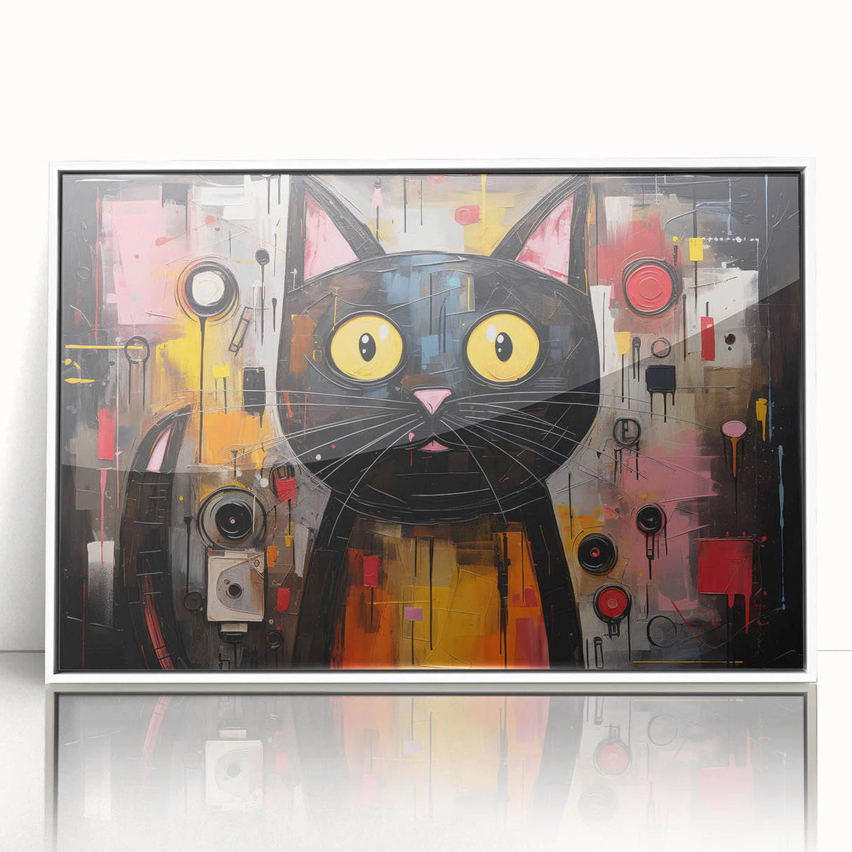 Framed wall art featuring a whimsical cat design, showcasing vibrant colors and intricate details, perfect for animal lovers and home decor enthusiasts. The artwork is presented in a sleek white frame, adding a modern touch to any space.