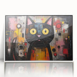 Framed wall art featuring a whimsical cat design, showcasing vibrant colors and intricate details, perfect for animal lovers and home decor enthusiasts. The artwork is presented in a sleek white frame, adding a modern touch to any space.