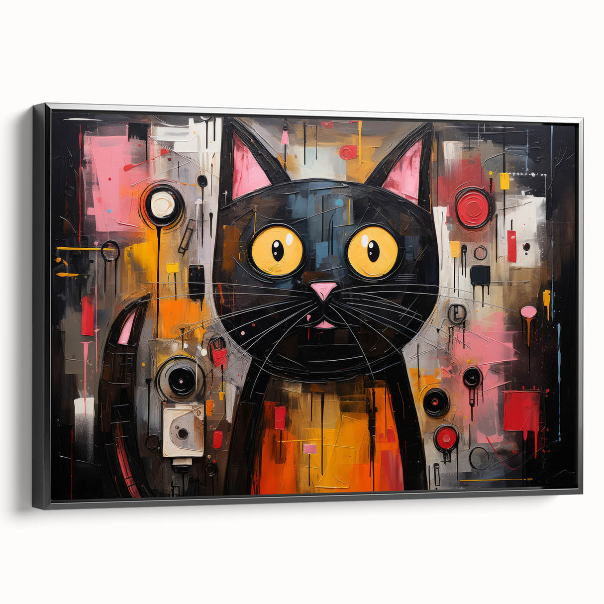 Framed wall art featuring a wild cat design on canvas, showcasing vibrant colors and intricate details, perfect for animal lovers and home decor enthusiasts.