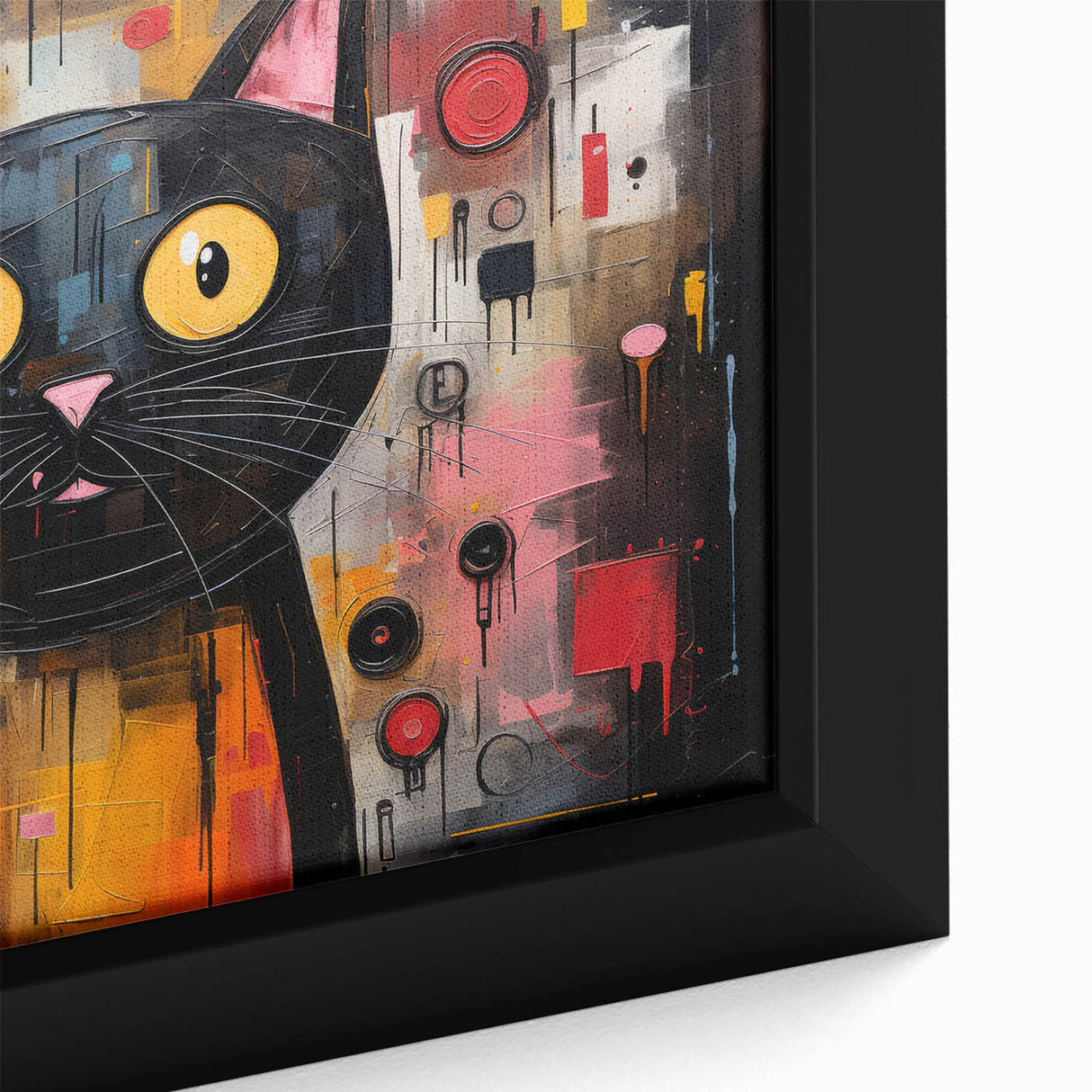 Close-up of a framed canvas wall art featuring a detailed design of a wild cat, showcasing vibrant colors and intricate patterns, ideal for animal lovers and home decor.