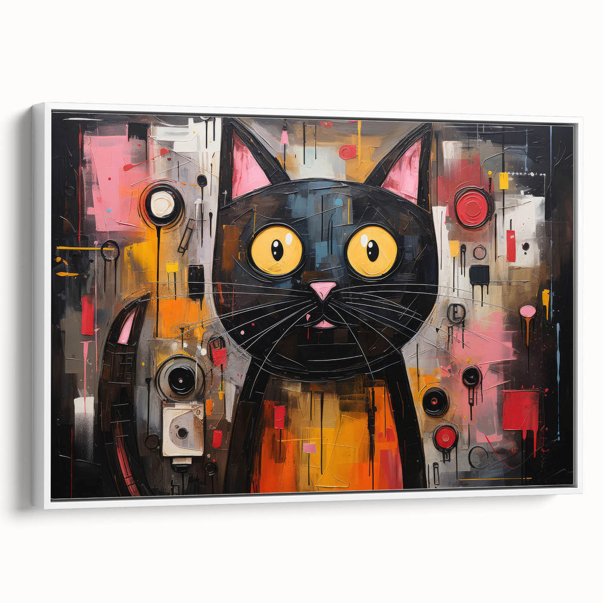 Framed canvas artwork featuring a whimsical cat design in vibrant colors, set against a white background. Ideal for animal lovers, this playful wall art adds charm to any room.