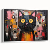 Framed canvas artwork featuring a whimsical cat design in vibrant colors, set against a white background. Ideal for animal lovers, this playful wall art adds charm to any room.