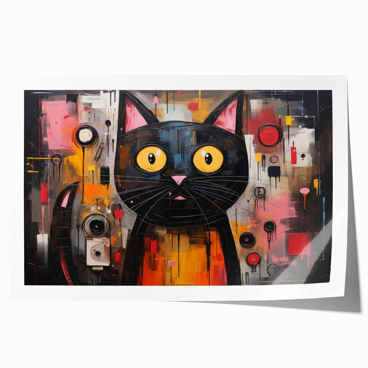 Whimsical cat-themed wall art print featuring vibrant colors and playful designs, perfect for animal lovers. Ideal for home decor or gifting.