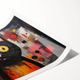 Colorful wall art print showcasing a whimsical cat design with intricate details and vibrant colors, perfect for animal lovers’ home decor. Ideal for adding a playful touch to any space, this rolled print emphasizes creativity and artistic expression.