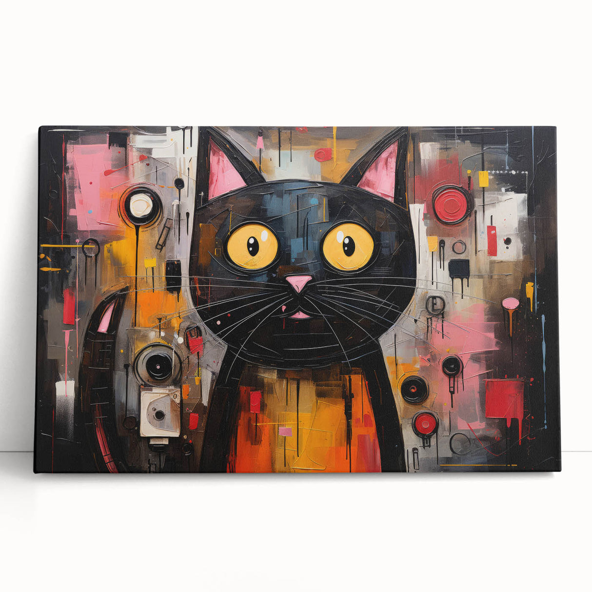 Stretched canvas wall art featuring a vibrant cat design, showcasing intricate details and colors, perfect for adding a wild touch to home décor.