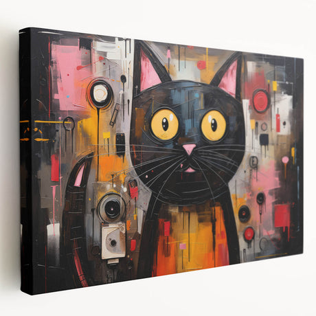 Stretched canvas wall art featuring a whimsical cat design against a vibrant, abstract background, perfect for adding a playful touch to home decor.