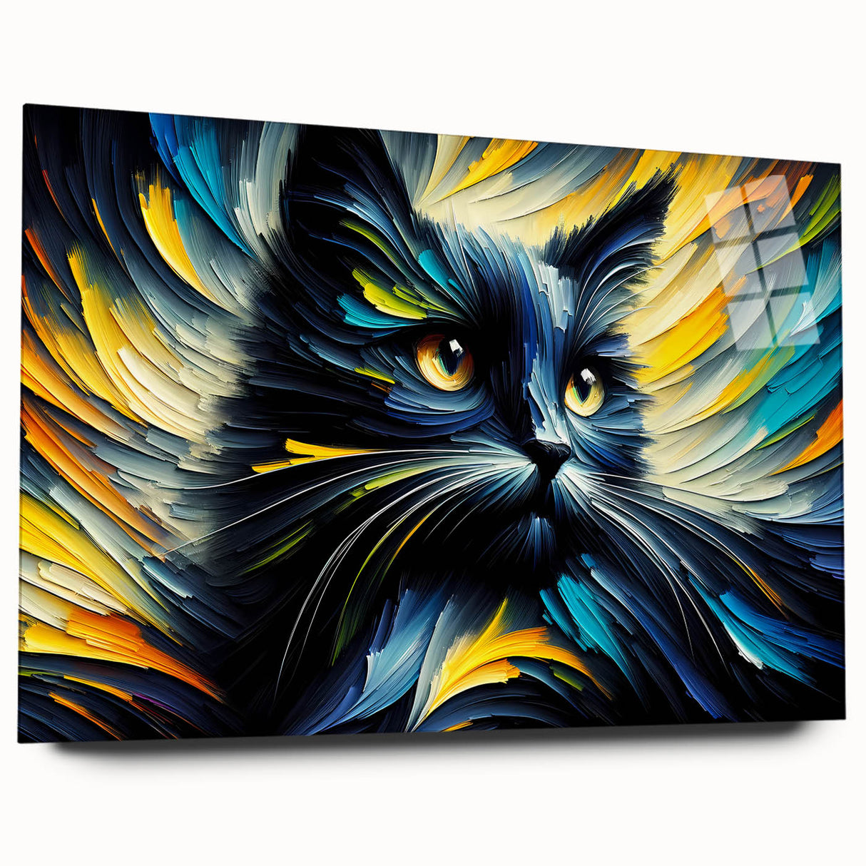 Acrylic glass wall art featuring a colorful, whimsical cat design from the Wild Life collection, showcasing vibrant colors and intricate details, ideal for pet lovers.