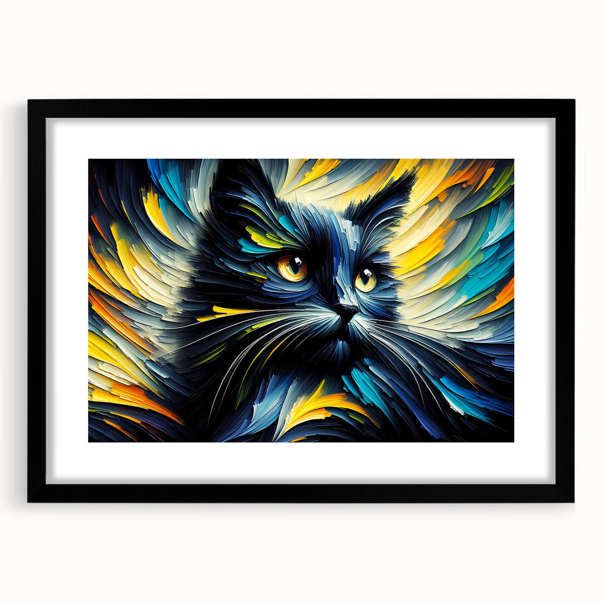 Framed wall art collection featuring a sleek black frame and mat, showcasing a captivating cat design. Ideal for animal lovers and home decor enthusiasts.
