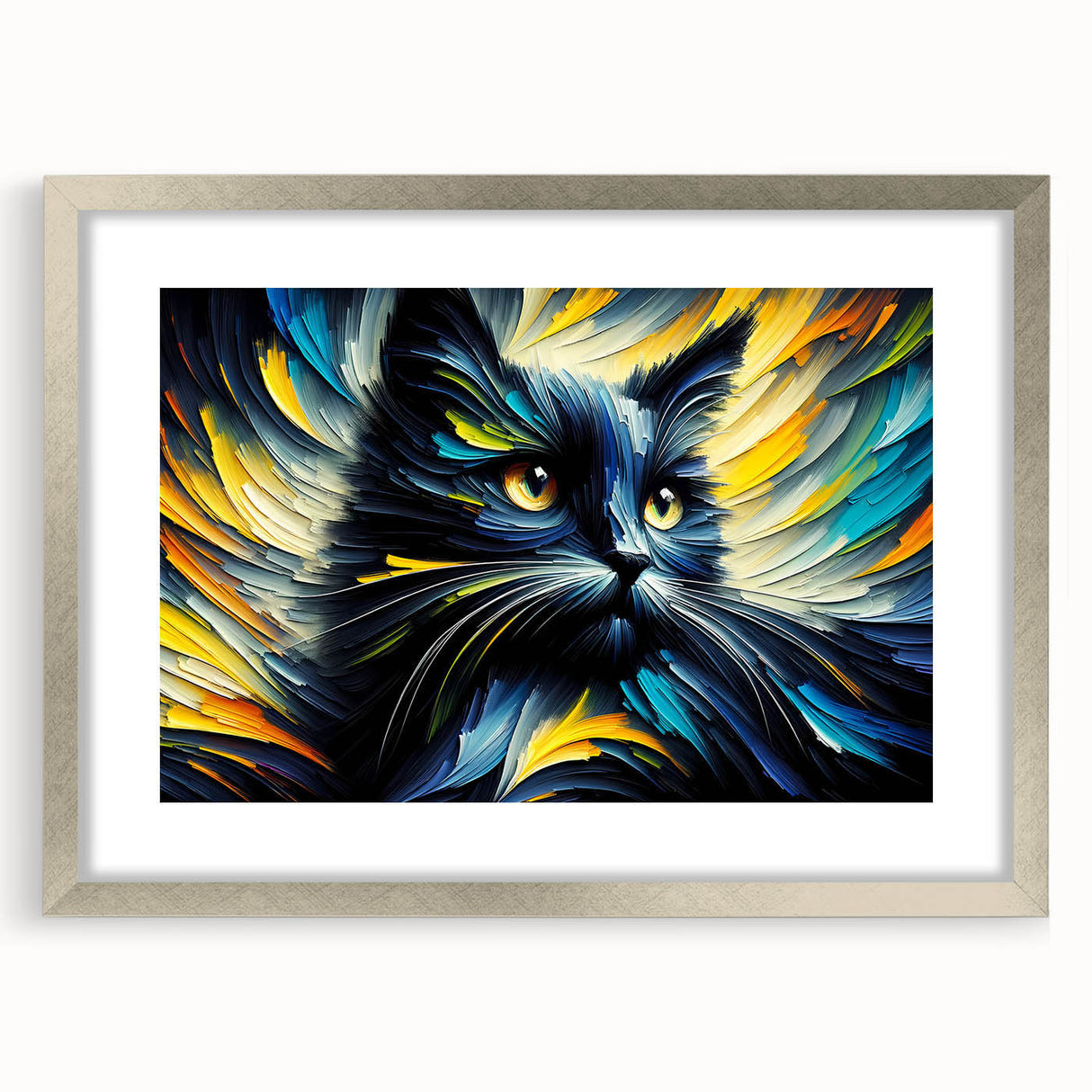 Framed wall art featuring a stylish cat design from the Animals A Wild Life collection, showcasing a silver frame with a mat, ideal for modern decor.