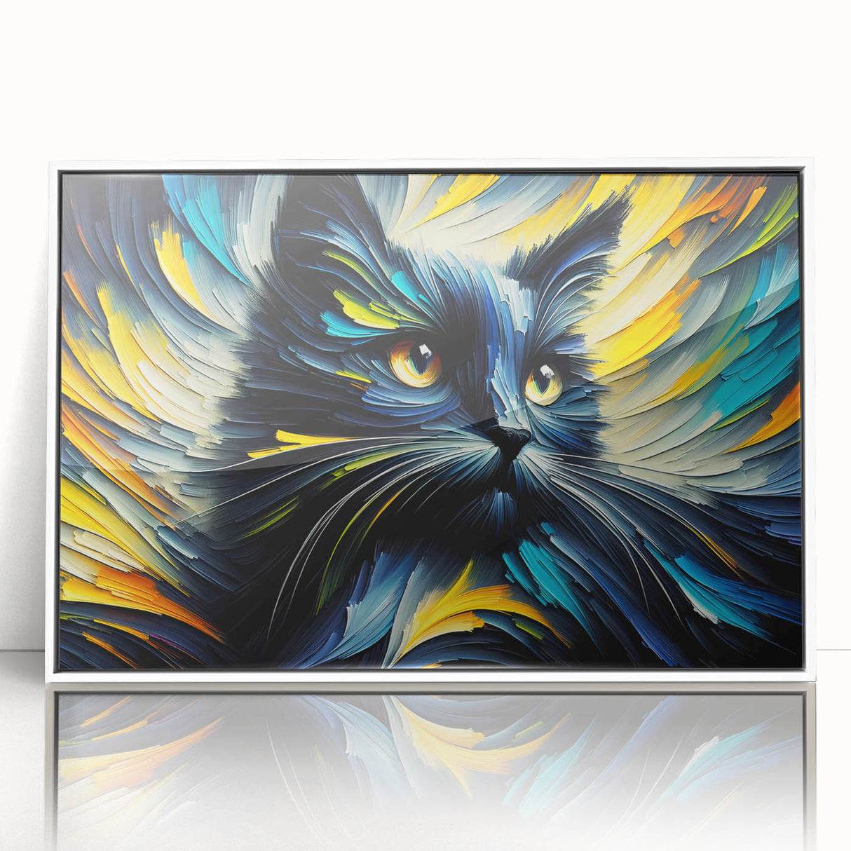 Framed wall art showcasing a whimsical cat design in vibrant colors, displayed in a sleek white frame, perfect for animal lovers and modern decor enthusiasts.
