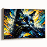 Framed canvas wall art showcasing a stylized cat design in warm gold tones, perfect for animal lovers and modern decor, displayed in a chic side view.